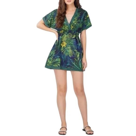 AMERICA & BEYOND TROPICAL PALM PRINT GREEN V-NECK COVER UP DRESS - Picture 1 of 8